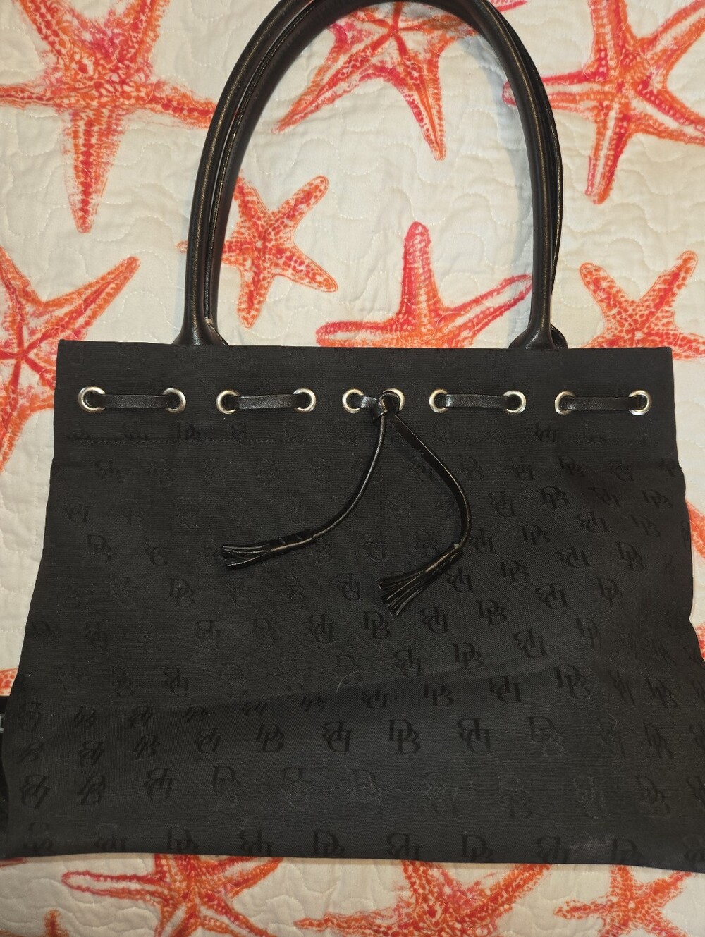 Vintage Dooney & Bourke Black Monogram Tassel Drawstring Tote Bag